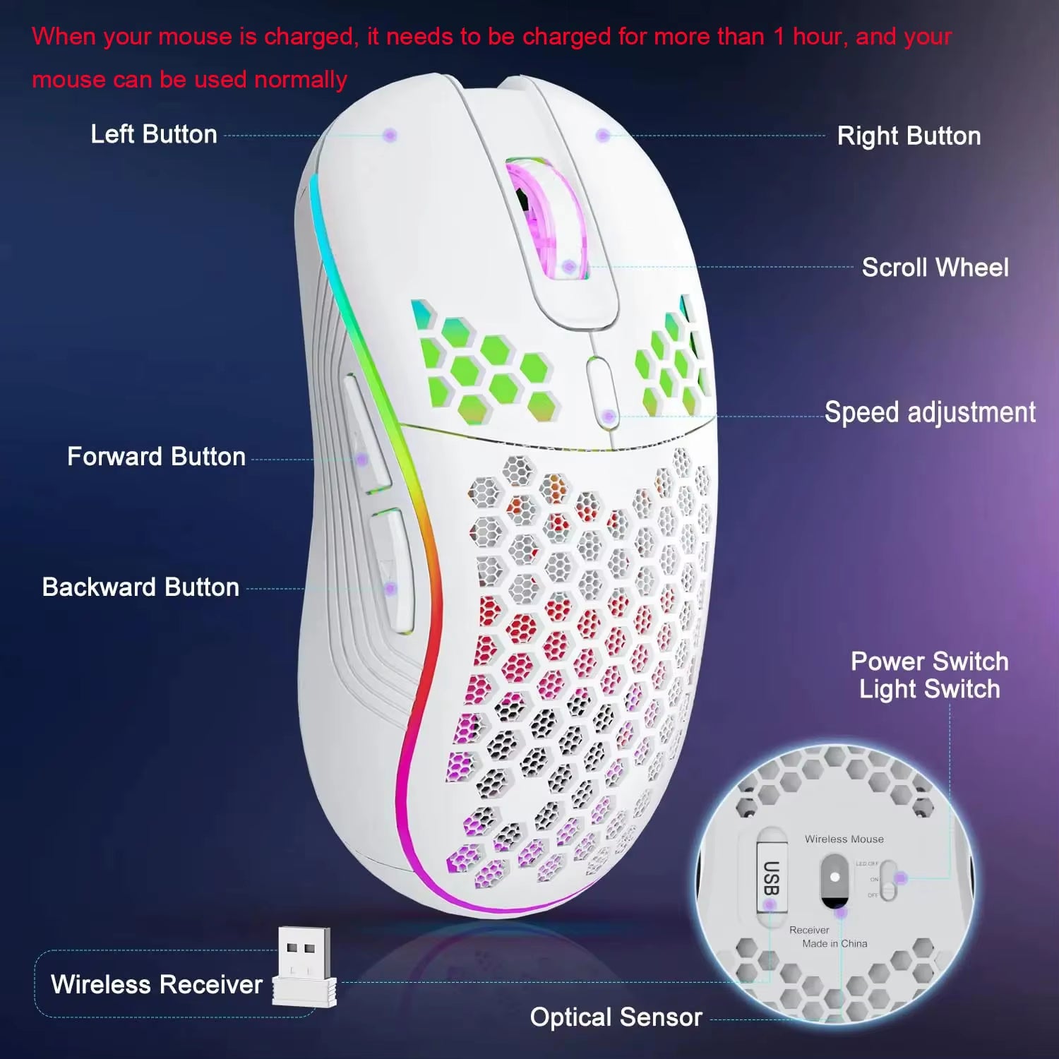 2.4G Wireless RGB Mouse Adjustable DPI Honeycomb Design 
