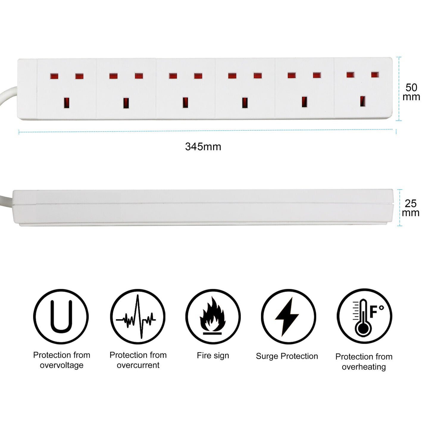 Extension Lead Cable Electric Plug Socket UK Mains Power 2 4 6 8 Gang Way Black