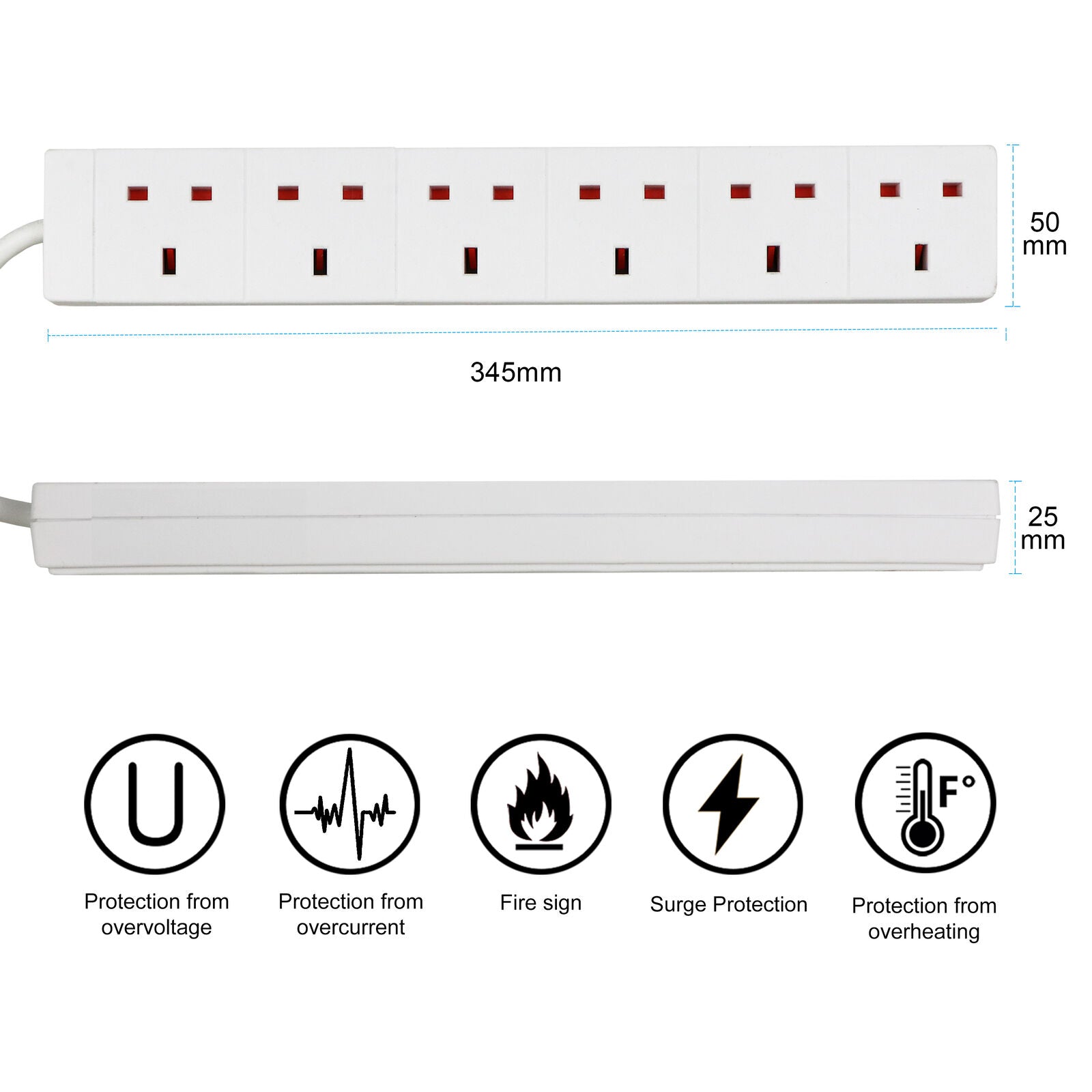 Extension Lead Cable Electric Plug Socket UK Mains Power 2 4 6 8 Gang Way Black