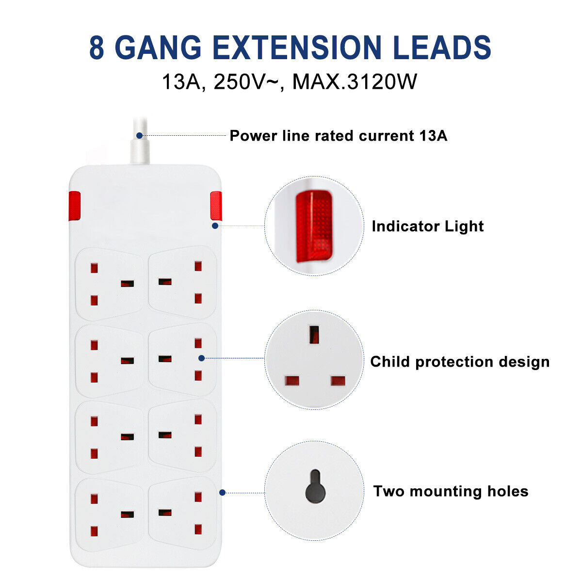 Extension Lead Cable Electric Plug Socket UK Mains Power 2 4 6 8 Gang Way Black